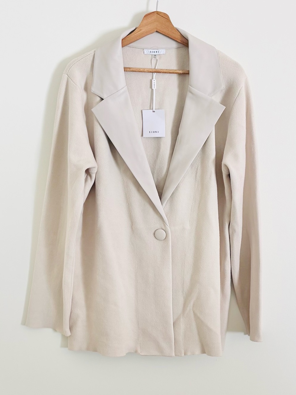 NWT Sioni Knit Sweater Blazer with Faux Leather Collar in Stone
